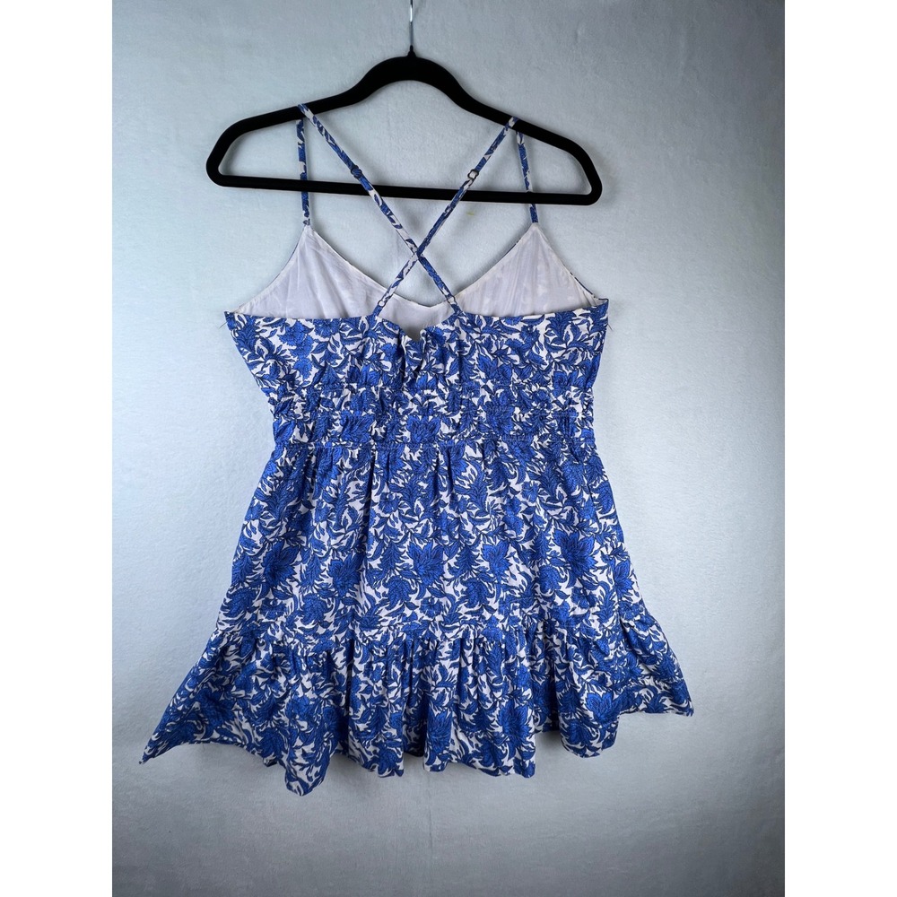 By Anthropologie Dress 4P Blue White Floral Smocked Ruffle Mini Cottagecore - Picture 2 of 5